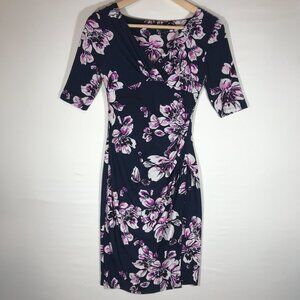 Lauren Ralph Lauren 0 Petite Blue Floral V-Neck Half Sleeve Ruched Wrap Dress